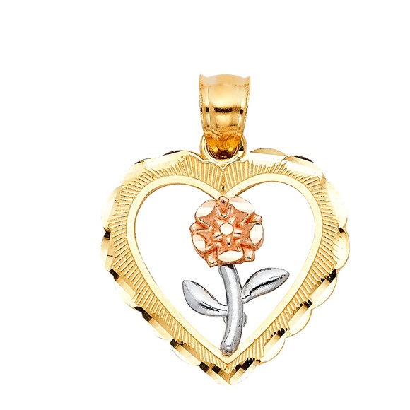 14K Tri ColorHeart with Rose Pendant